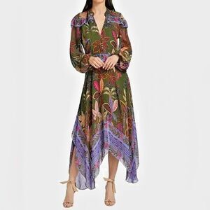 Farm Rio Midi Dress, Long sleeve V-neck, Jungle Green, Small, New! Retail $280